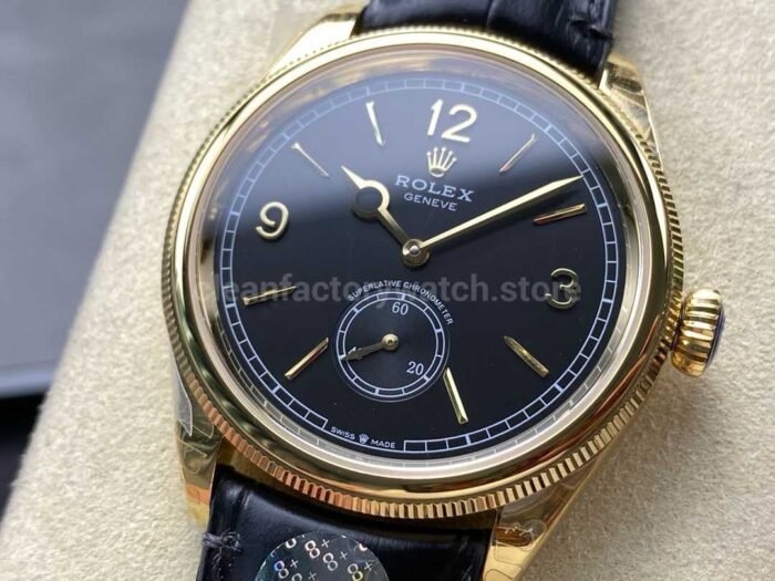 8 Factory Rolex 1908 52508 0002 39mm Yellow Gold Leather Strap Arabic Numerals Black Dial 4 Super Clone Watch,Clean Factory Watch