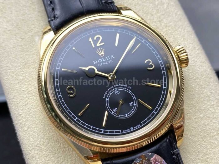 8 Factory Rolex 1908 52508 0002 39mm Yellow Gold Leather Strap Arabic Numerals Black Dial 5 Super Clone Watch,Clean Factory Watch