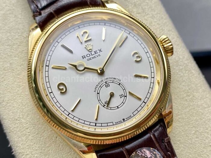 8 Factory Rolex 1908 52508 0006 39mm Yellow Gold Leather Strap Arabic Numerals White Dial 1 Super Clone Watch,Clean Factory Watch