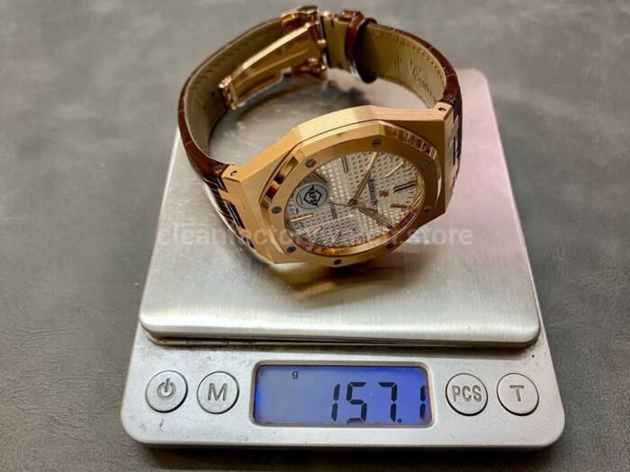 APS Factory Counterweight Audemars Piguet Royal Oak Selfwinding 41mm 15400OR.OO.D088CR.01 Rose Gold Leather Strap Silver Dial - Image 9