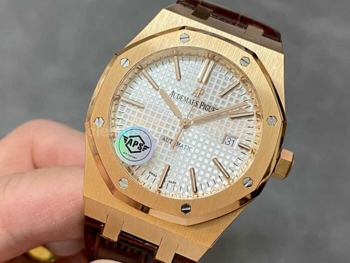 APS Factory Counterweight Audemars Piguet Royal Oak Selfwinding 41mm 15400OR.OO.D088CR.01 Rose Gold Leather Strap Silver Dial - Image 3