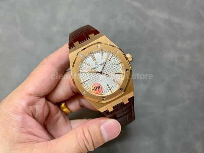 APS Factory Counterweight Audemars Piguet Royal Oak Selfwinding 41mm 15400OR.OO.D088CR.01 Rose Gold Leather Strap Silver Dial - Image 4
