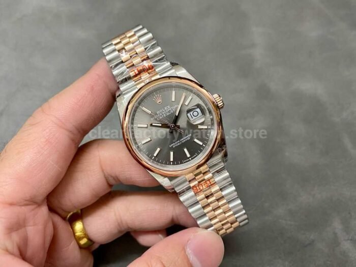 GM Factory Rolex Datejust 126201 0013 36mm Rose Gold Smooth Bezel Half Rose Gold Gray Dial Jubilee 3 Super Clone Watch,Clean Factory Watch