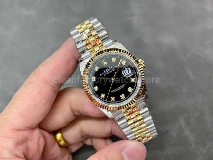 GM Factory Rolex Datejust 126233 0021 36mm Half Yellow Gold Diamond Mop Black Dial Jubilee 2 Super Clone Watch,Clean Factory Watch