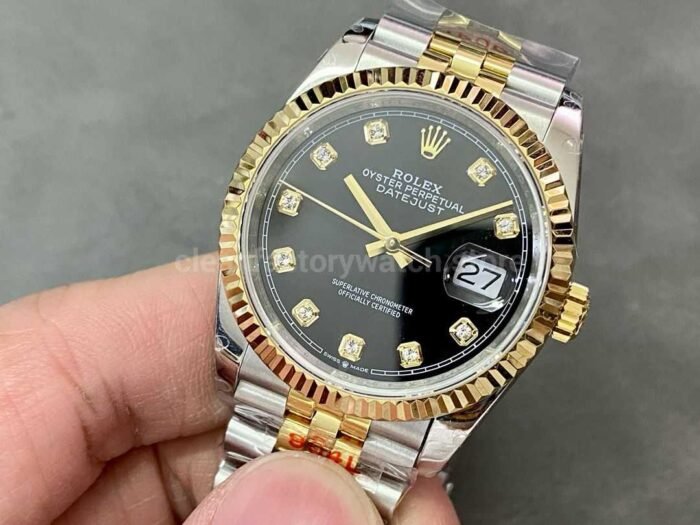 GM Factory Rolex Datejust 126233 0021 36mm Half Yellow Gold Diamond Mop Black Dial Jubilee 3 Super Clone Watch,Clean Factory Watch