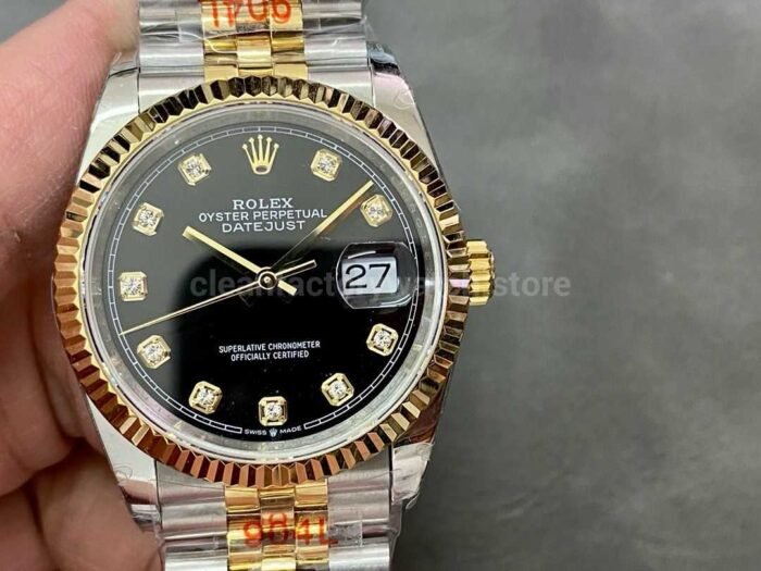 GM Factory Rolex Datejust 126233 0021 36mm Half Yellow Gold Diamond Mop Black Dial Jubilee 4 Super Clone Watch,Clean Factory Watch