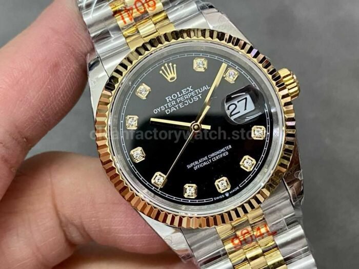 GM Factory Rolex Datejust 126233 0021 36mm Half Yellow Gold Diamond Mop Black Dial Jubilee 5 Super Clone Watch,Clean Factory Watch