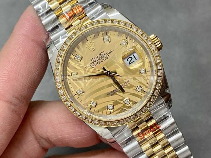 GM Factory Rolex Datejust 126283RBR-0029 36mm Diamond Yellow Gold Bezel Half Yellow Gold Diamond Mop Gold Palm Motif Dial Jubilee - Image 2