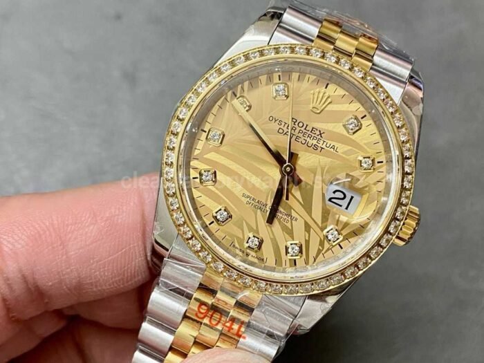 GM Factory Rolex Datejust 126283RBR-0029 36mm Diamond Yellow Gold Bezel Half Yellow Gold Diamond Mop Gold Palm Motif Dial Jubilee - Image 3