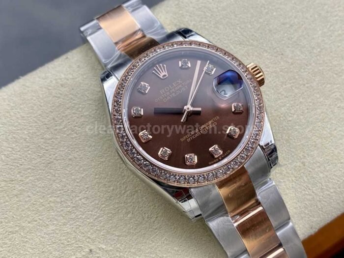 GS Factory Rolex Datejust 278381RBR 0027 31MM Diamond Bezel Half Rose Gold Diamond Mop Brown Dial 3 Super Clone Watch,Clean Factory Watch