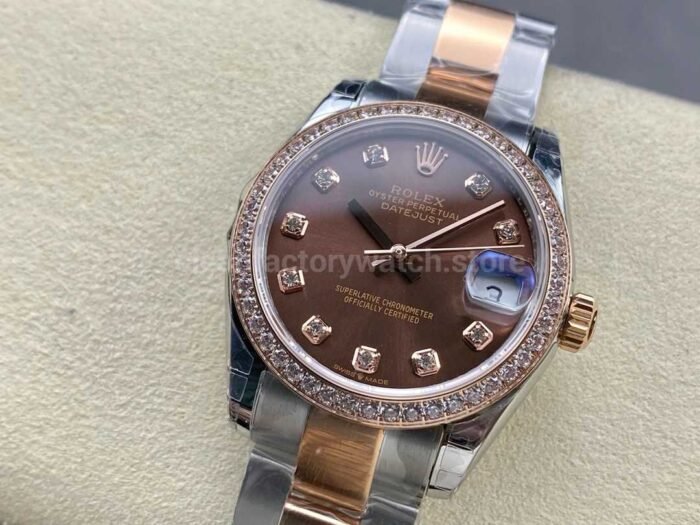 GS Factory Rolex Datejust 278381RBR 0027 31MM Diamond Bezel Half Rose Gold Diamond Mop Brown Dial 4 Super Clone Watch,Clean Factory Watch