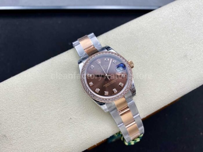 GS Factory Rolex Datejust 278381RBR 0027 31MM Diamond Bezel Half Rose Gold Diamond Mop Brown Dial 9 Super Clone Watch,Clean Factory Watch