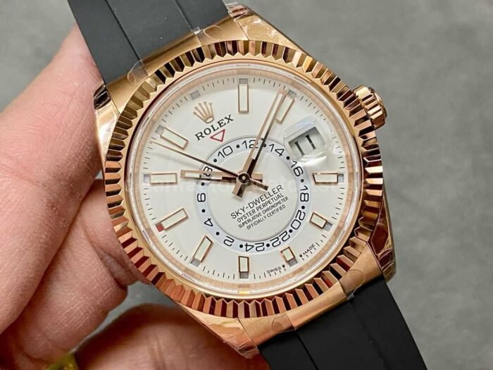 Noob Factory Rolex Sky Dweller 336235 0003 42mm Rose Gold Rubber Strap White Dial 1 Super Clone Watch,Clean Factory Watch