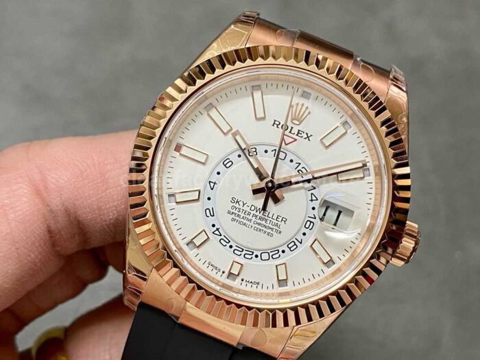 Noob Factory Rolex Sky Dweller 336235 0003 42mm Rose Gold Rubber Strap White Dial 3 Super Clone Watch,Clean Factory Watch