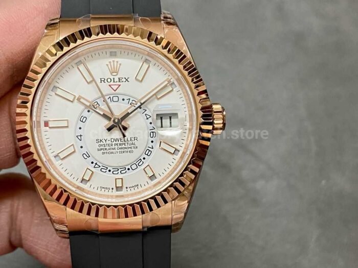 Noob Factory Rolex Sky Dweller 336235 0003 42mm Rose Gold Rubber Strap White Dial 4 Super Clone Watch,Clean Factory Watch
