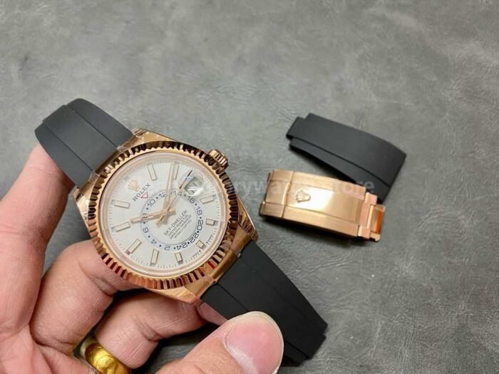 Noob Factory Rolex Sky Dweller 336235 0003 42mm Rose Gold Rubber Strap White Dial 7 Super Clone Watch,Clean Factory Watch