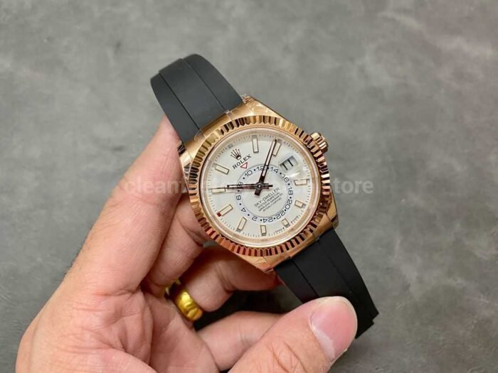Noob Factory Rolex Sky Dweller 336235 0003 42mm Rose Gold Rubber Strap White Dial 8 Super Clone Watch,Clean Factory Watch