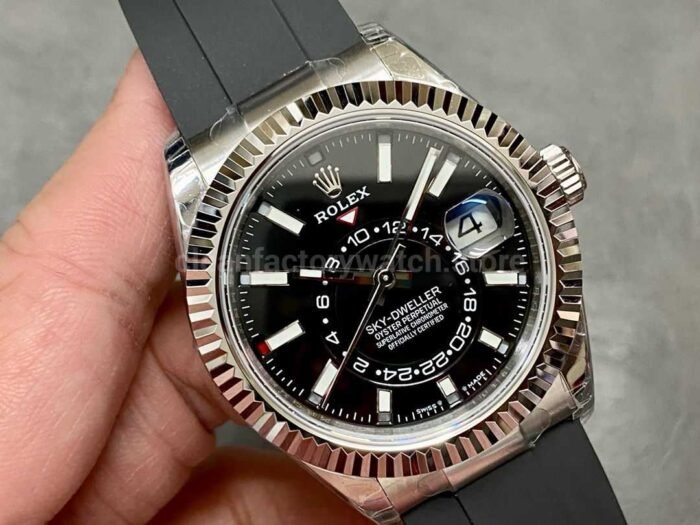 Noob Factory Rolex Sky Dweller 336239 0002 42mm White Gold Rubber Strap Black Dial 8 Super Clone Watch,Clean Factory Watch