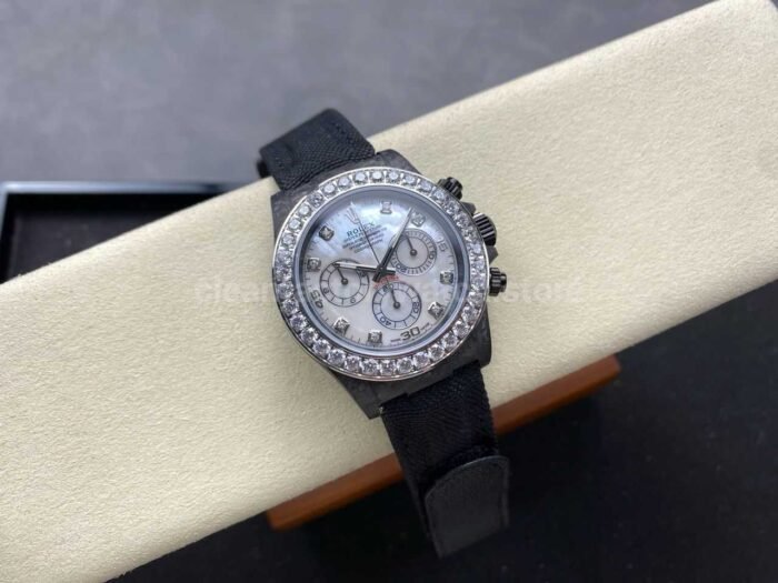 PPM Factory Rolex Daytona Modified 116500 Carbon Fiber Calf Skin Strap Moissanite Mother Of Pearl Dial - Image 4