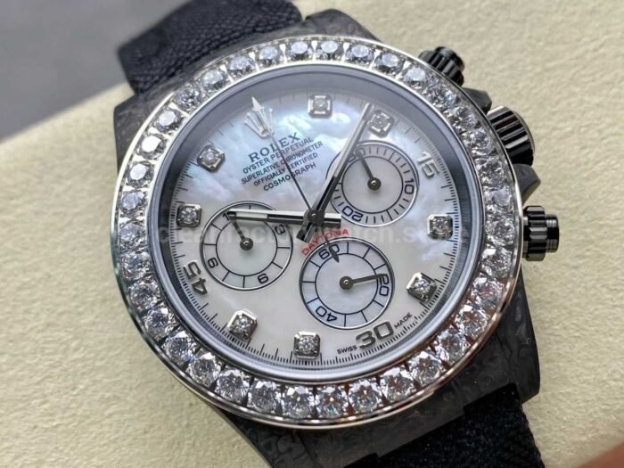 PPM Factory Rolex Daytona Modified 116500 Carbon Fiber Calf Skin Strap Moissanite Mother Of Pearl Dial - Image 2