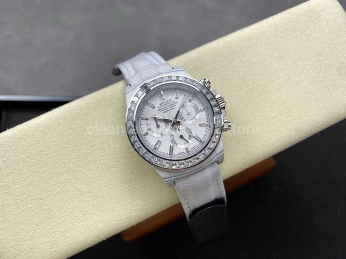 PPM Factory Rolex Daytona Modified 116500 White Carbon Fiber Calf Skin Strap Diamond Baguette White Dia 6 Super Clone Watch,Clean Factory Watch