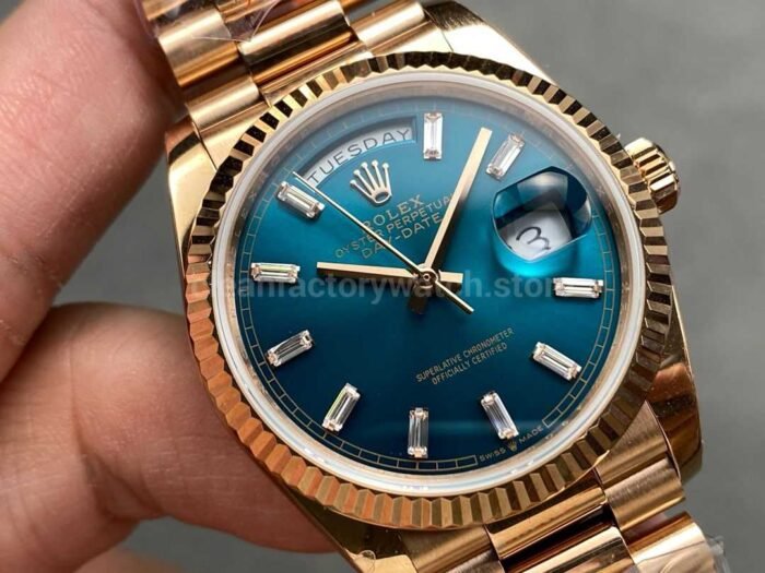QF Factory Counterweight Rolex Day Date 128235 0085 36mm Full Rose Gold Baguett 6 Super Clone Watch,Clean Factory Watch