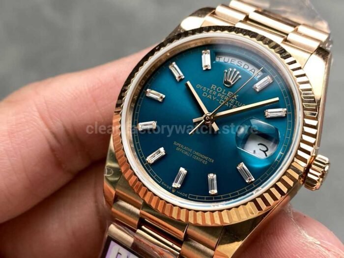 QF Factory Counterweight Rolex Day Date 128235 0085 36mm Full Rose Gold Baguett 7 Super Clone Watch,Clean Factory Watch