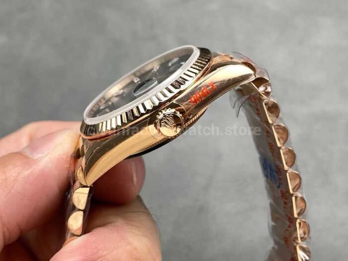 QF Factory Counterweight Rolex Day Date 128235 0085 36mm Full Rose Gold Baguett 8 Super Clone Watch,Clean Factory Watch