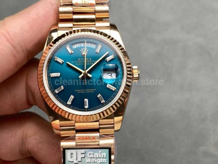 QF Factory Counterweight Rolex Day Date 128235 0085 36mm Full Rose Gold Baguette 1 Super Clone Watch,Clean Factory Watch