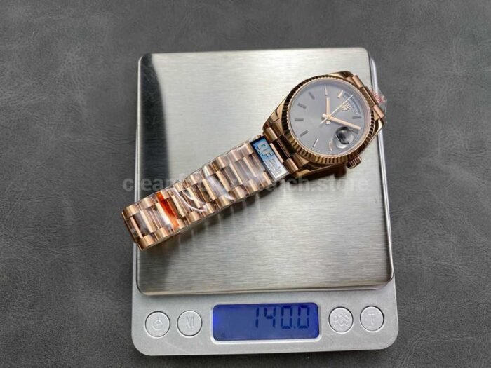 QF Factory Counterweight Rolex Day Date 128235 36mm Full Rose Gold Grey Dial 1 Super Clone Watch,Clean Factory Watch