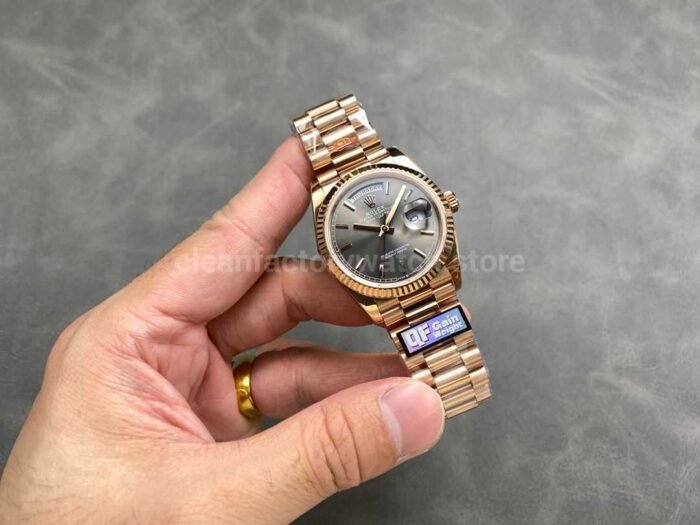 QF Factory Counterweight Rolex Day Date 128235 36mm Full Rose Gold Grey Dial 3 Super Clone Watch,Clean Factory Watch