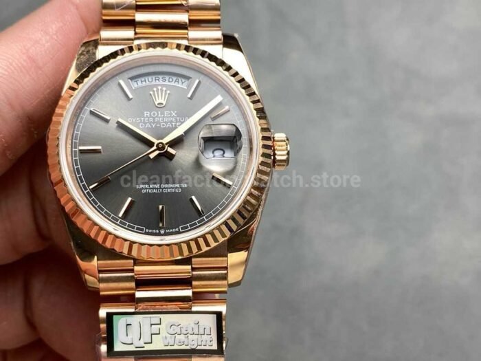 QF Factory Counterweight Rolex Day Date 128235 36mm Full Rose Gold Grey Dial 4 Super Clone Watch,Clean Factory Watch