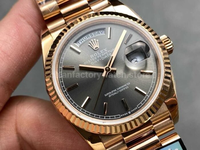 QF Factory Counterweight Rolex Day Date 128235 36mm Full Rose Gold Grey Dial 7 Super Clone Watch,Clean Factory Watch