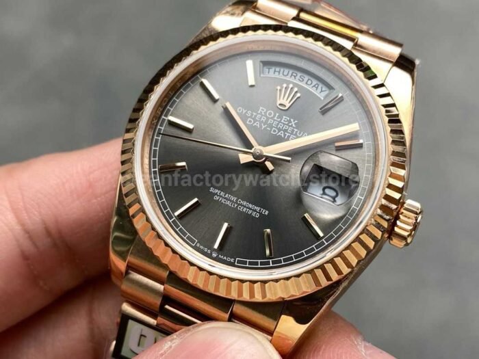 QF Factory Counterweight Rolex Day Date 128235 36mm Full Rose Gold Grey Dial 9 Super Clone Watch,Clean Factory Watch
