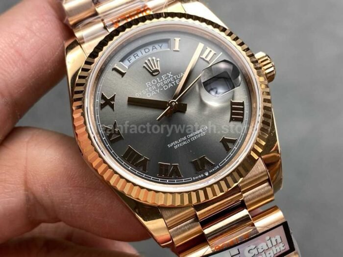 QF Factory Counterweight Rolex Day-Date 128235 36mm Full Rose Gold Roman Numerals Grey Dial - Image 2