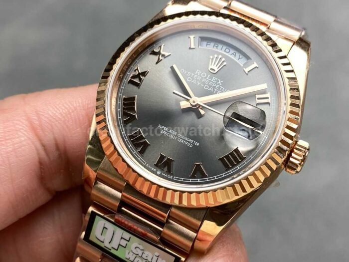 QF Factory Counterweight Rolex Day-Date 128235 36mm Full Rose Gold Roman Numerals Grey Dial - Image 3