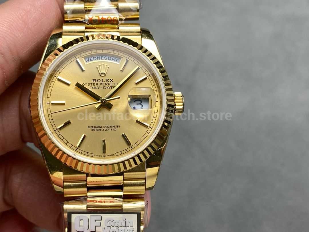 QF Factory Counterweight Rolex Day-Date 128235 36mm Full Yellow Gold ，Gold Dial