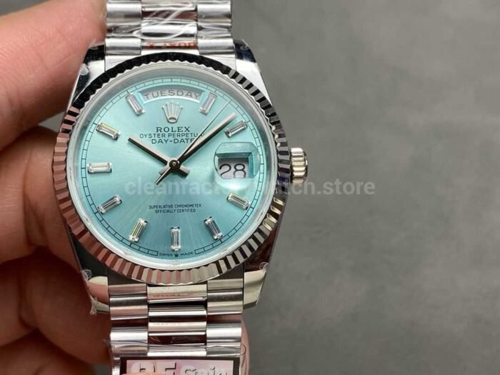 QF Factory Counterweight Rolex Day Date 128236 0009 36mm Full 904L Baguette Diamond Ic 6 Super Clone Watch,Clean Factory Watch