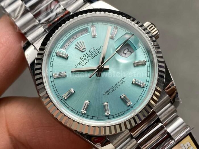 QF Factory Counterweight Rolex Day Date 128236 0009 36mm Full 904L Baguette Diamond Ic 8 Super Clone Watch,Clean Factory Watch