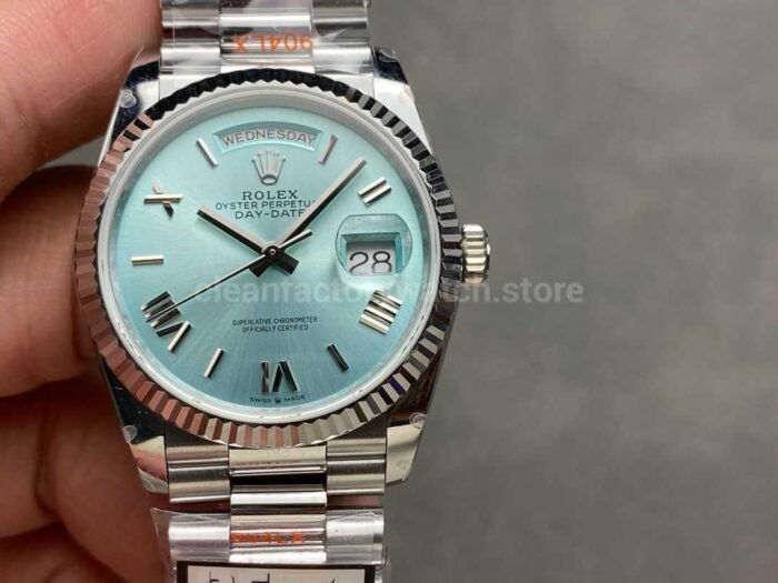 QF Factory Counterweight Rolex Day Date 128236 0018 36mm Full 904L Roman Numerals Ice Bl 5 Super Clone Watch,Clean Factory Watch