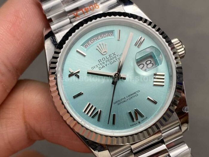 QF Factory Counterweight Rolex Day Date 128236 0018 36mm Full 904L Roman Numerals Ice Bl 6 Super Clone Watch,Clean Factory Watch