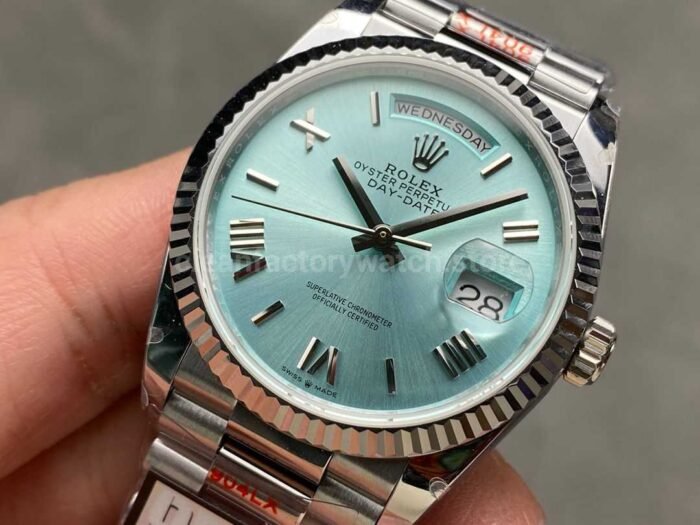 QF Factory Counterweight Rolex Day Date 128236 0018 36mm Full 904L Roman Numerals Ice Bl 7 Super Clone Watch,Clean Factory Watch
