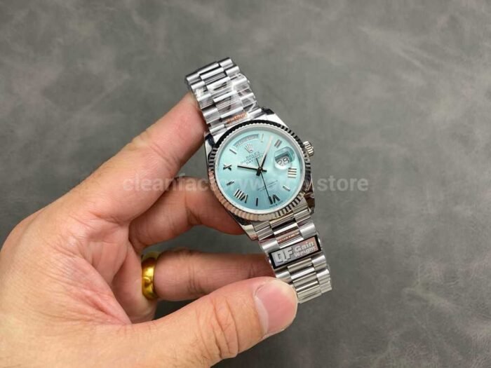QF Factory Counterweight Rolex Day Date 128236 0018 36mm Full 904L Roman Numerals Ice Bl 9 Super Clone Watch,Clean Factory Watch