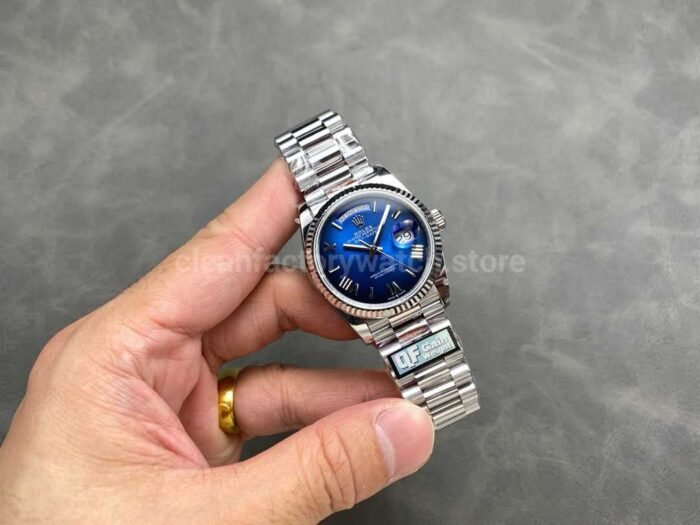 QF Factory Counterweight Rolex Day Date 128239 0063 36mm Full 904L Roman Numerals Blue Dial 8 Super Clone Watch,Clean Factory Watch
