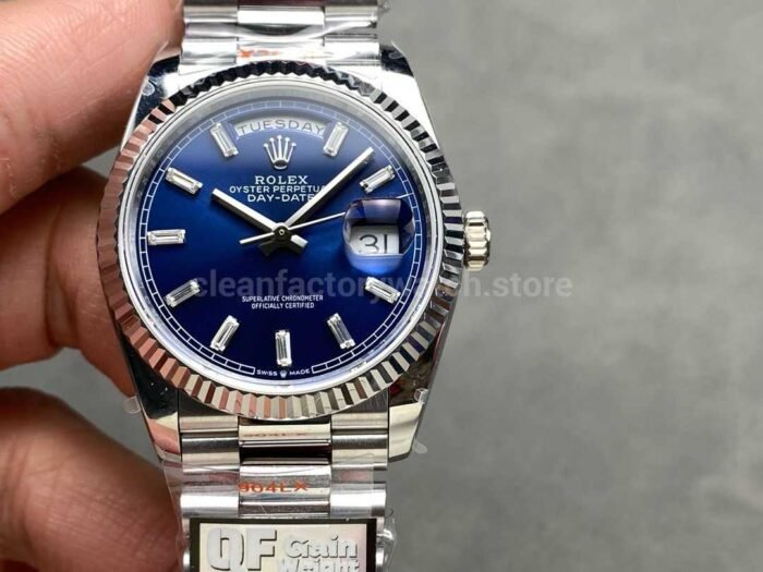 QF Factory Counterweight Rolex Day Date 128239 0069 36mm Full 904L Baguette Diamond Blue D 3 Super Clone Watch,Clean Factory Watch