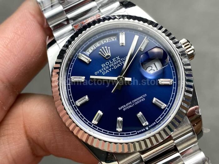 QF Factory Counterweight Rolex Day Date 128239 0069 36mm Full 904L Baguette Diamond Blue D Super Clone Watch,Clean Factory Watch