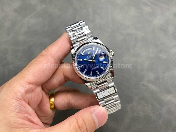 QF Factory Counterweight Rolex Day Date 128239 0069 36mm Full 904L Baguette Diamond Blue D 8 Super Clone Watch,Clean Factory Watch