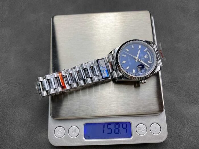 QF Factory Counterweight Rolex Day Date 128239 0069 36mm Full 904L Baguette Diamond Blue D 9 Super Clone Watch,Clean Factory Watch
