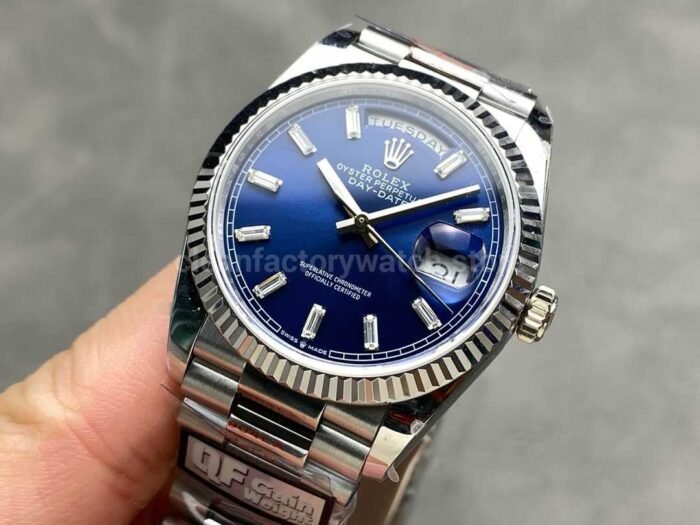 QF Factory Counterweight Rolex Day Date 128239 0069 36mm Full 904L Baguette Diamond Blue Dia 1 Super Clone Watch,Clean Factory Watch
