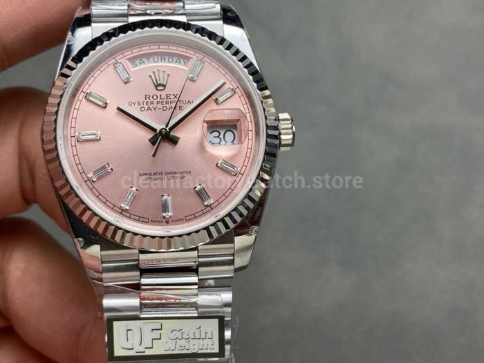 QF Factory Counterweight Rolex Day Date 128239 0071 36mm Full 904L Baguette Diamond Pink D 6 Super Clone Watch,Clean Factory Watch